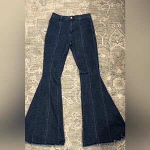 Dark Blue Flare Jeans Sz MED - Women w/ Camel Suede Stars on back pocket area